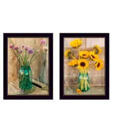 "Country Sunflowers & Chives" 2-Piece Vignette by Anthony Smith, Ready to Hang Framed Print, Black Frame