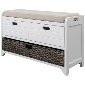 TREXM Storage Bench with Removable Basket and 2 Drawers, Fully Assembled Shoe Bench with Removable Cushion (White)