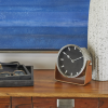 DecMode Stainless Steel Modern Round Decorative Desk Clock 7"W x 7"H, with Metallic Silver and Leathery Brown Stand