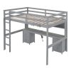 Full Size Loft Bed with Desk, Cabinets, Drawers and Bedside Tray, Charging Station, Gray