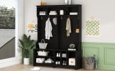 Modern Hallway Hall Tree with Metal Hooks and Storage Space, Multi-Functional Entryway Coat Rack with Shoe Cubbies, Black