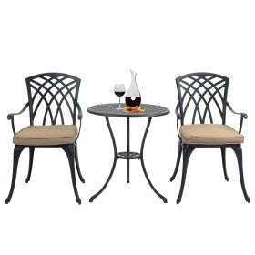 3 Piece Bistro Table Set Cast Aluminum Outdoor Patio Furniture with Umbrella Hole and Grey Cushions for Patio Balcony, Black (Color: as Pic)