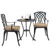 3 Piece Bistro Table Set Cast Aluminum Outdoor Patio Furniture with Umbrella Hole and Grey Cushions for Patio Balcony, Black